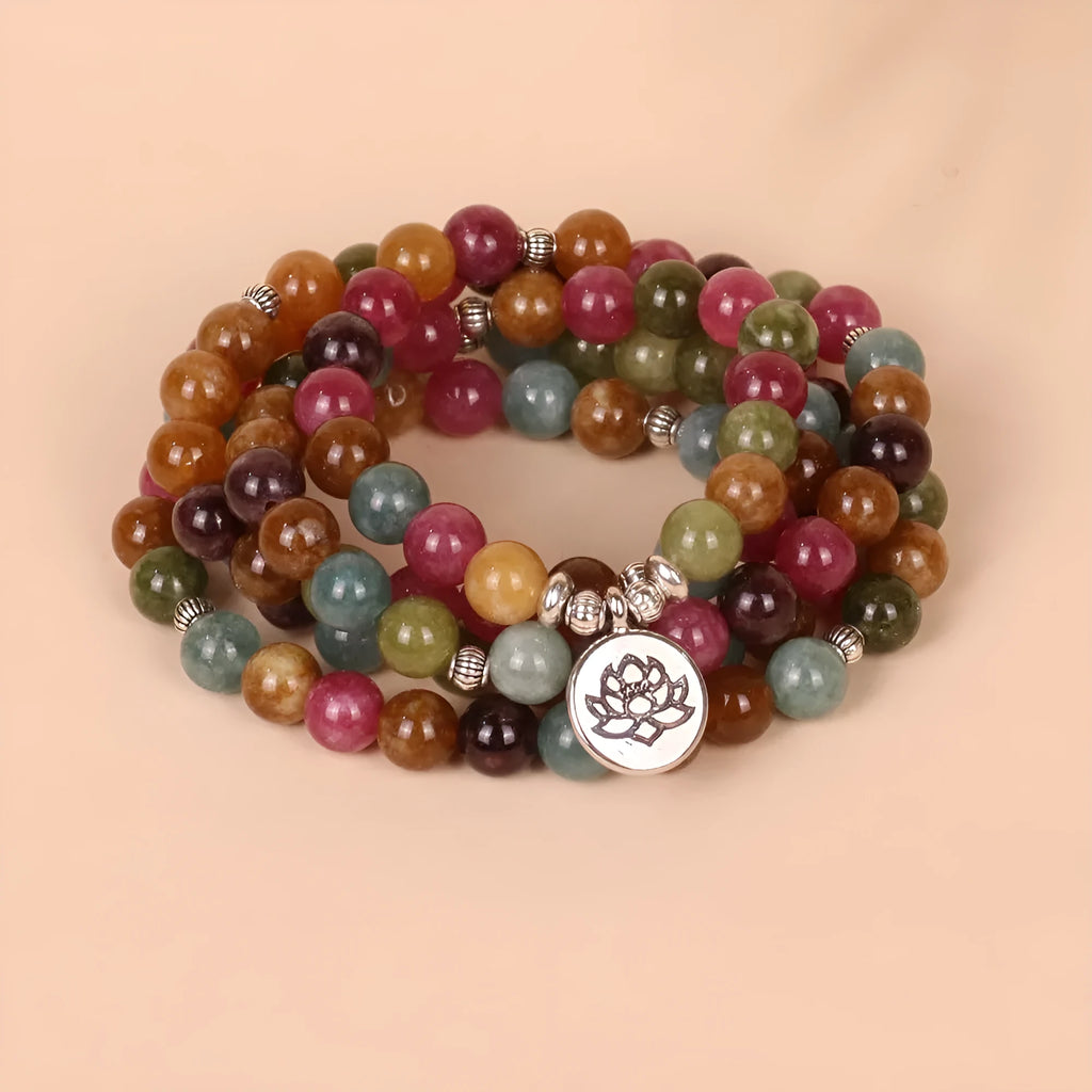 108 bead alloy bracelet in tourmaline colour with multi-layer lotus string design