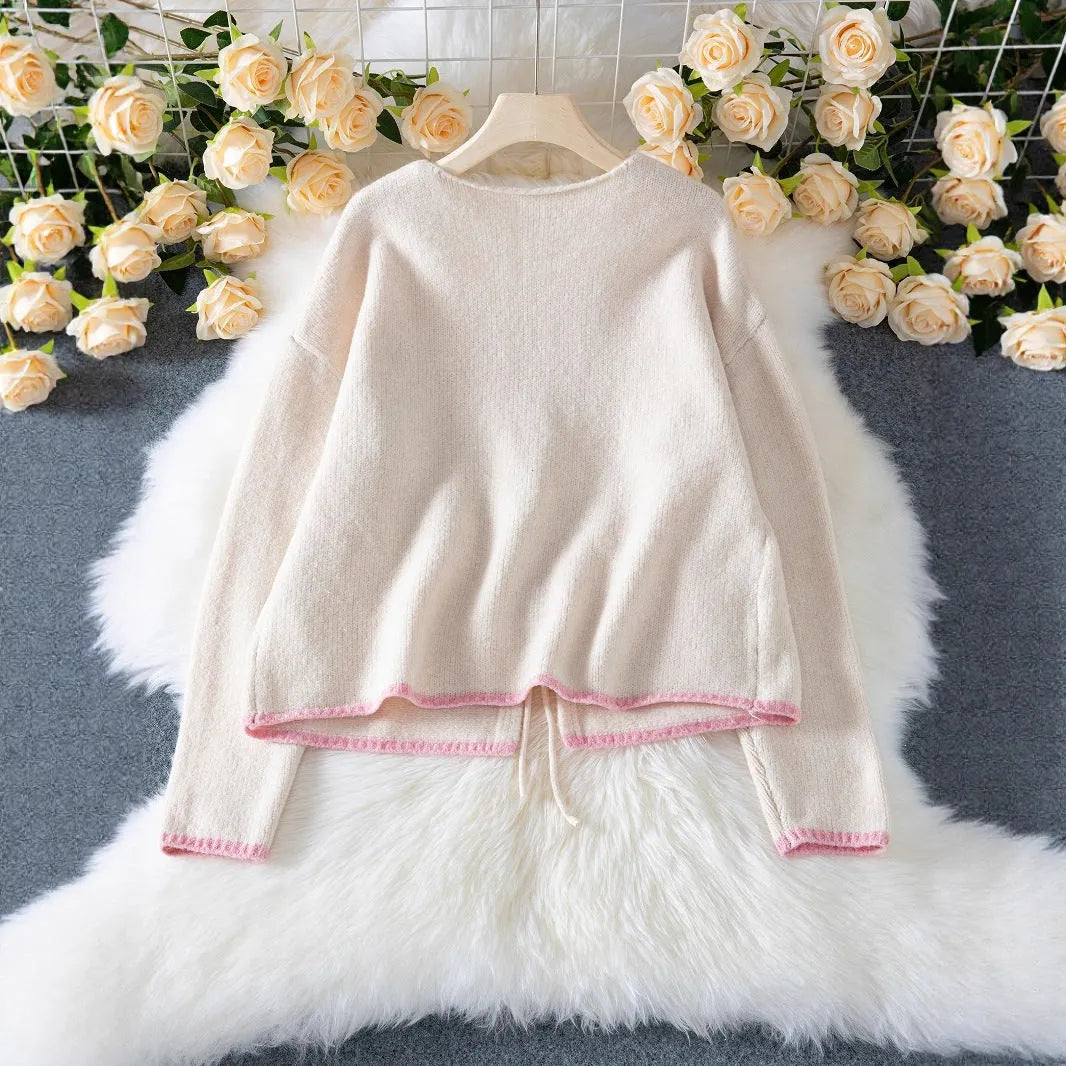 Women's beige loose knitted cardigan with contrast colour, front lace-up, and pockets, polyester, sizes S to XL