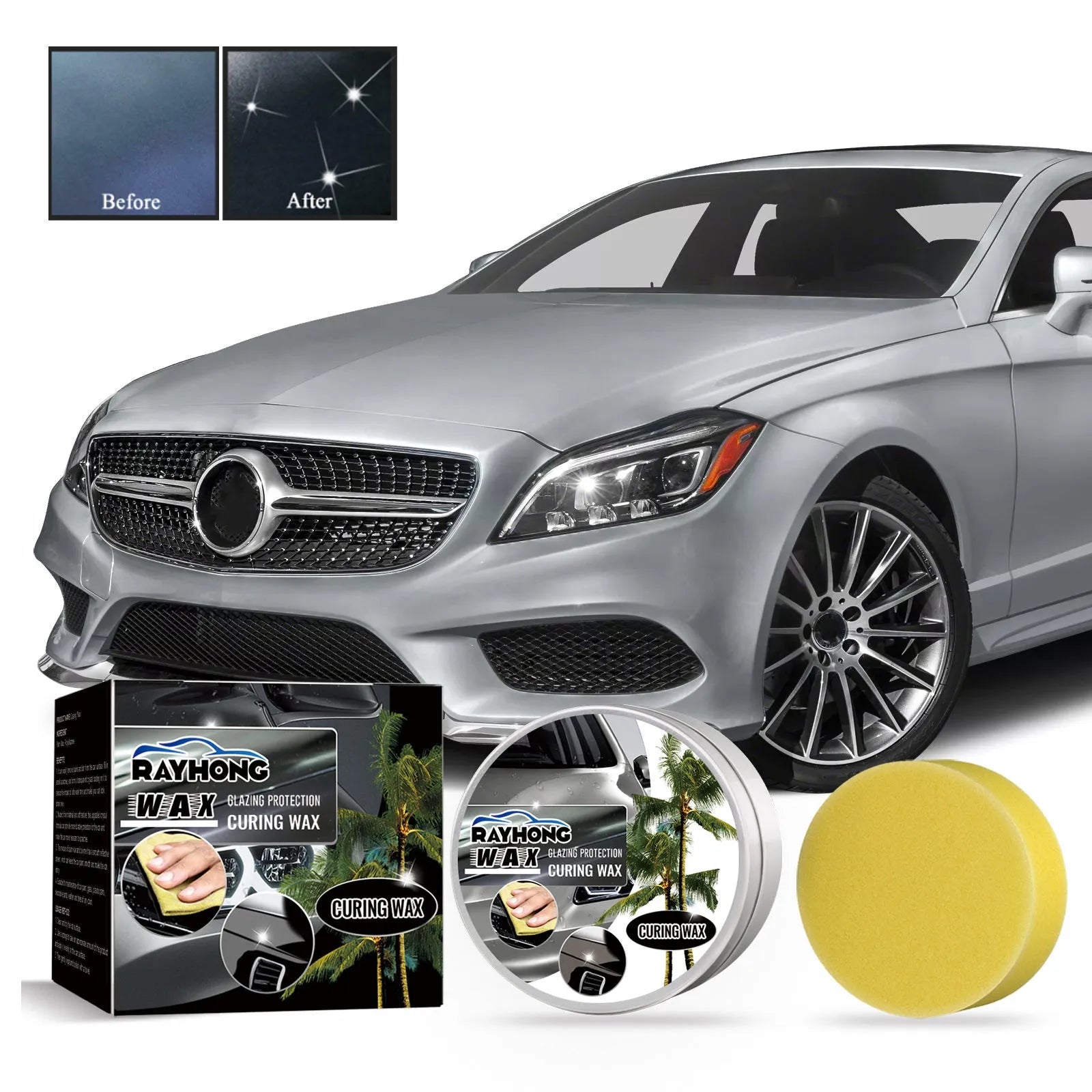 Car coating wax block and sponge applicator for paint protection, showing 8.7cm wax and 6.6cm sponge