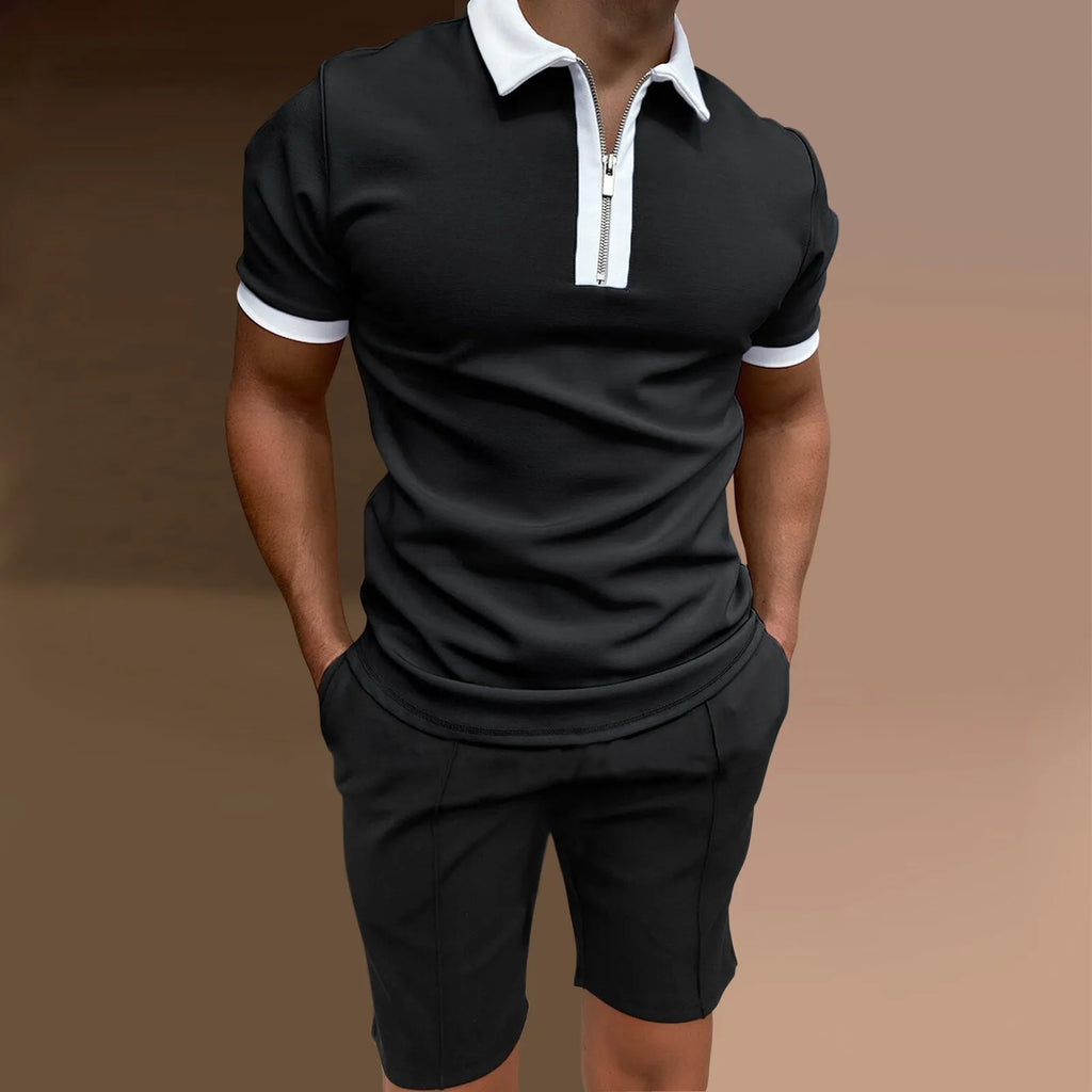 Men's printed polyester short sleeve top and matching shorts two-piece casual set