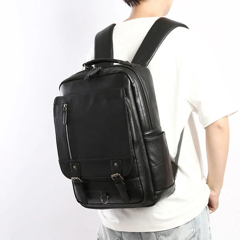 Men's casual business backpack in PU leather, solid colour, black, urban simplicity style, side view