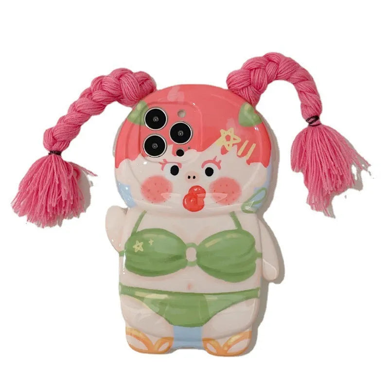 Summer themed iPhone case showing pink braid green swimsuit girl cartoon design on silicone protective cover
