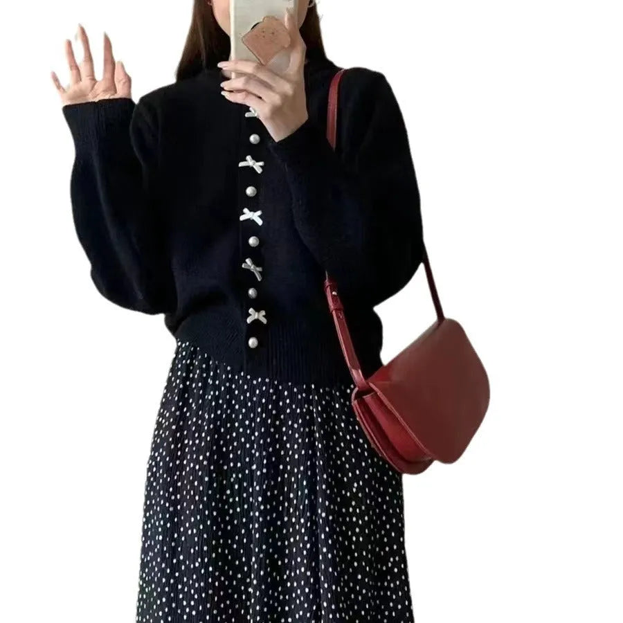Women's pink cardigan with bow pearl buttons, regular sleeves, medium thickness