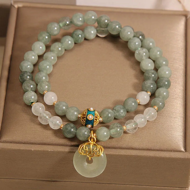 Women's double-layer aventurine jade bracelet with crystal safety buckle and rhinestone decoration
