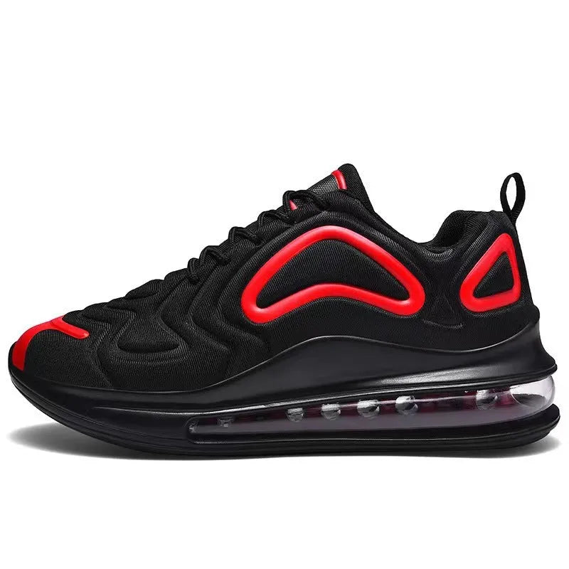 Men's black casual air cushion sneakers with lace-up front and thick sole.