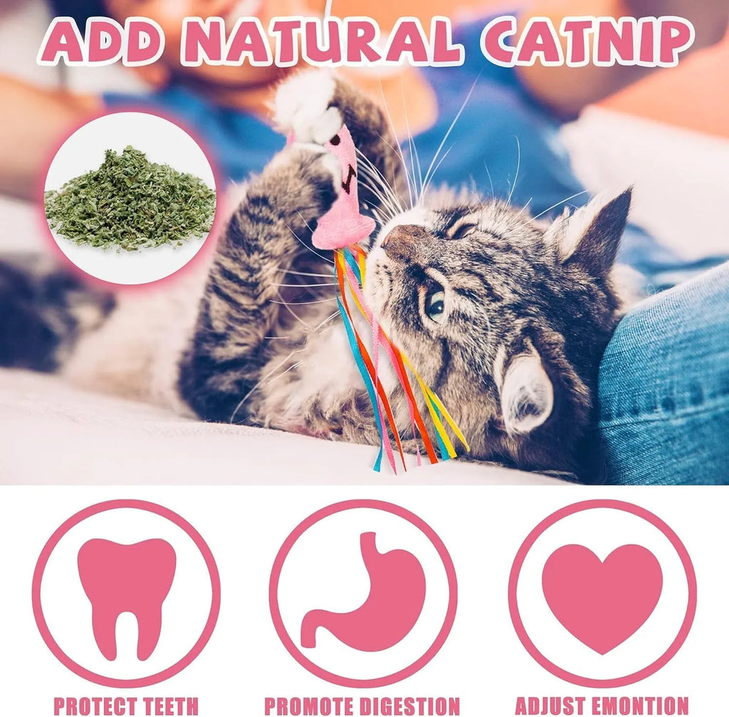 Cat wand toy with wooden handle, colourful ribbons, catnip fish, and bell for interactive play