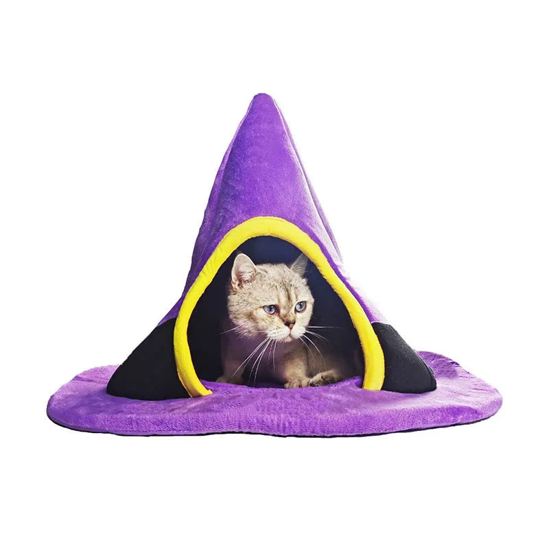 Purple Halloween witch hat shaped cloth cat bed measuring 60x45cm