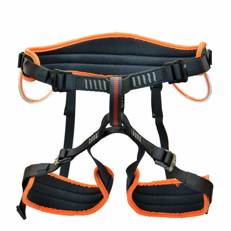 Outdoor mountaineering half seat belt in orange with adjustable waist and leg straps