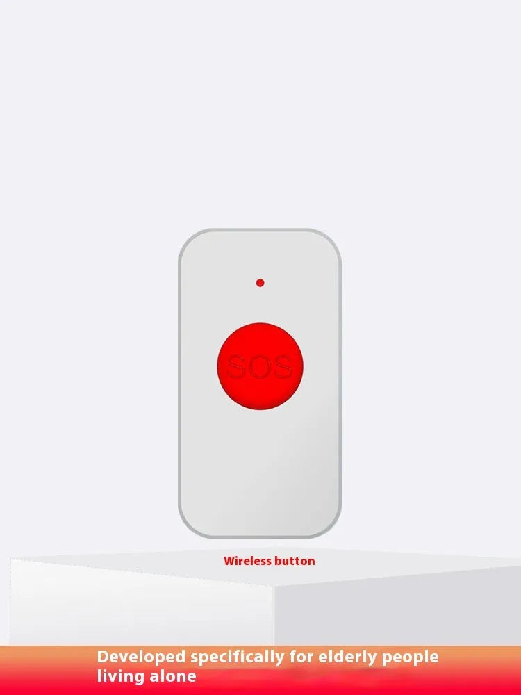 White central buzzer unit and three wireless emergency call buttons for elderly personal alarm system.