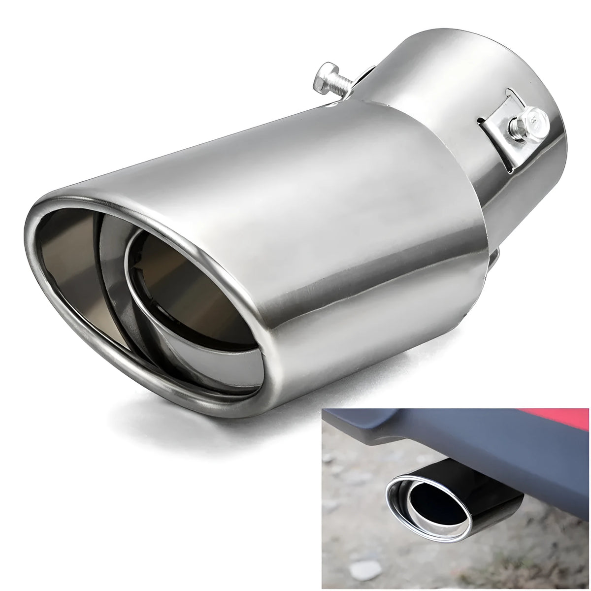Bright silver stainless steel car exhaust pipe cover for 3.8-5.3 cm diameter pipes on a vehicle