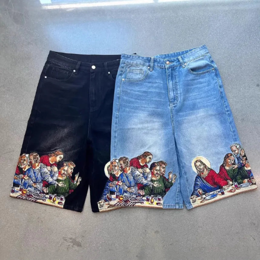 Men's blue cotton tapered shorts with a Jesus print on the back pocket