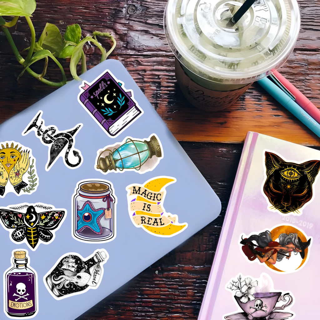 50 colourful glossy waterproof PVC stickers for luggage and smooth surface decoration, sizes 3cm to 8cm.