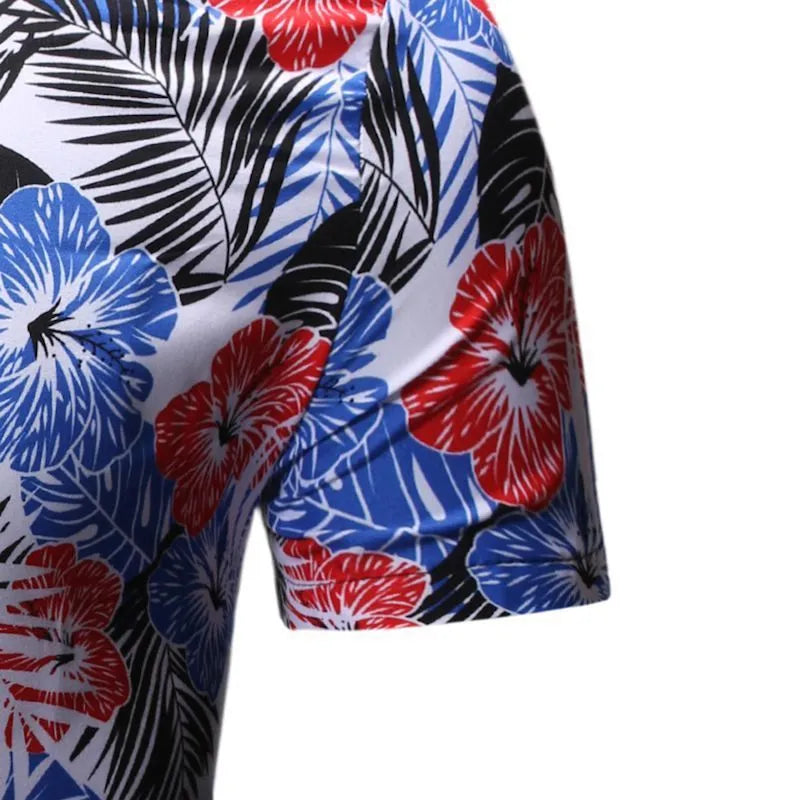 Men's summer beach short-sleeved floral shirt with square collar in blue and white polyester