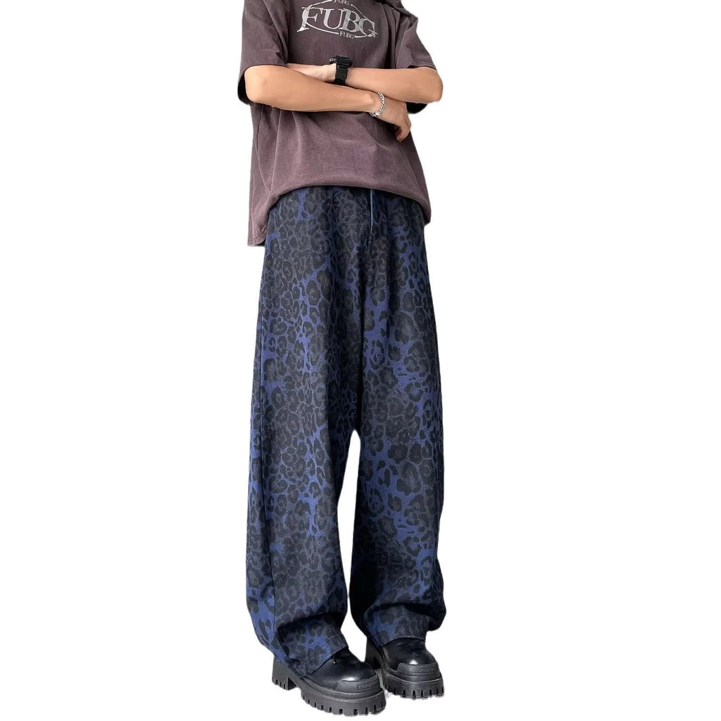 American Retro blue leopard print wide-leg cotton trousers for teenagers, loose straight cut with zipper fly