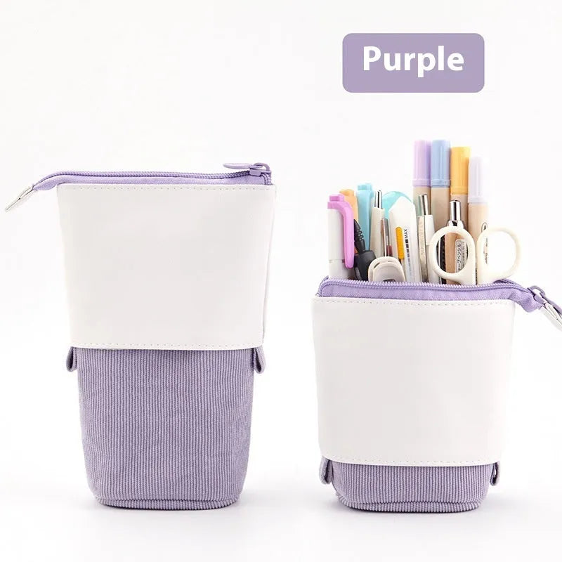 Telescopic drop-down stationery case in purple corduroy with cotton and linen interior