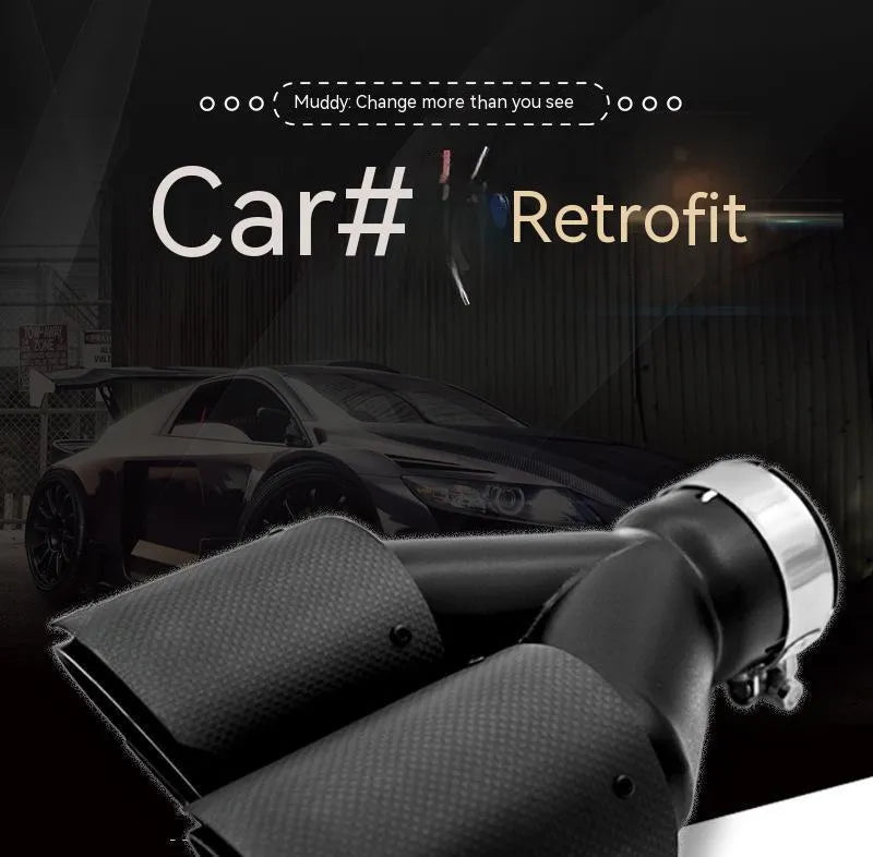 Black carbon fibre car exhaust modification silencer with dual outlet tailpipes