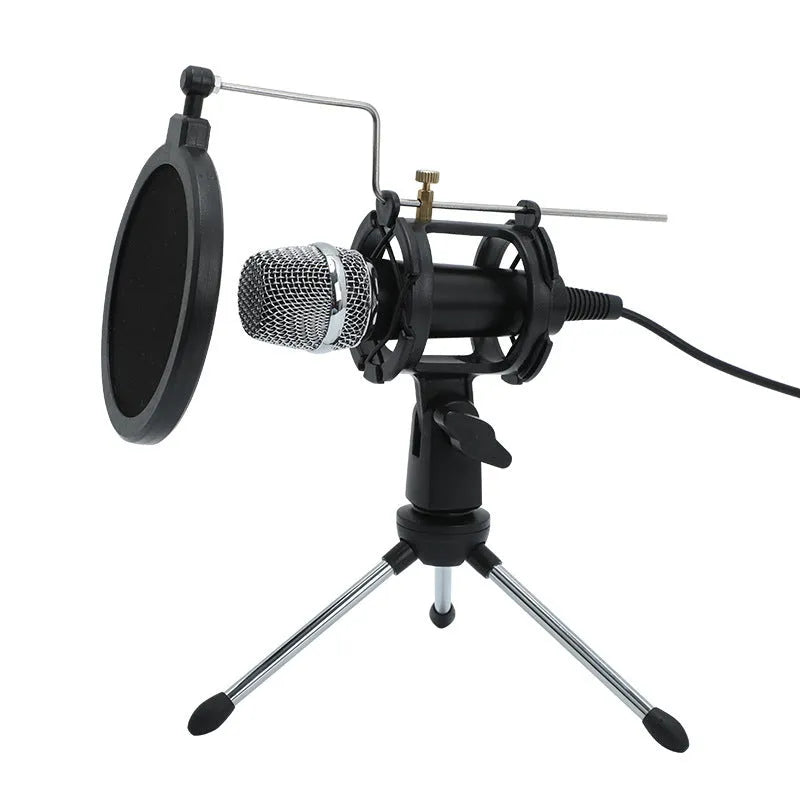 Black mini condenser microphone mounted on aluminium stand with 3.5mm and USB cables for live broadcasting