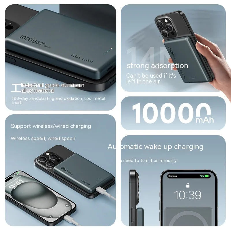 Magnetic wireless charging power bank with alloy shell, 10000mAh capacity, in four colours: dark grey, dark night purple, rose gold, dark green