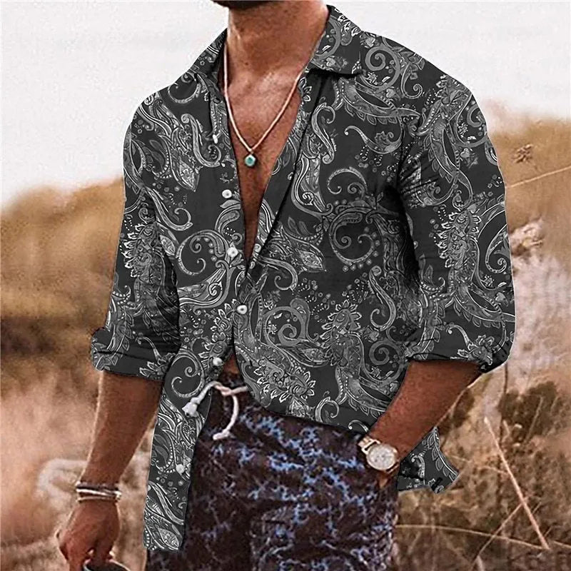 Men's loose fit long sleeve shirt with a colourful 3D floral pattern, on a model.
