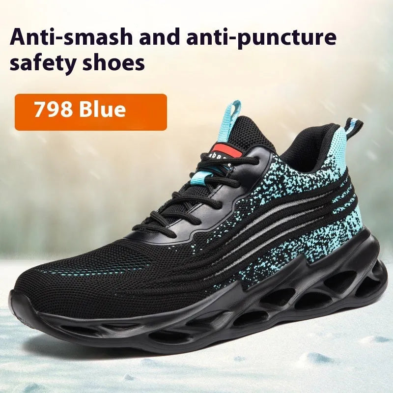 Brown leather lightweight labour protection safety shoes with anti-smashing and puncture-resistant toe caps on a rubber sole.