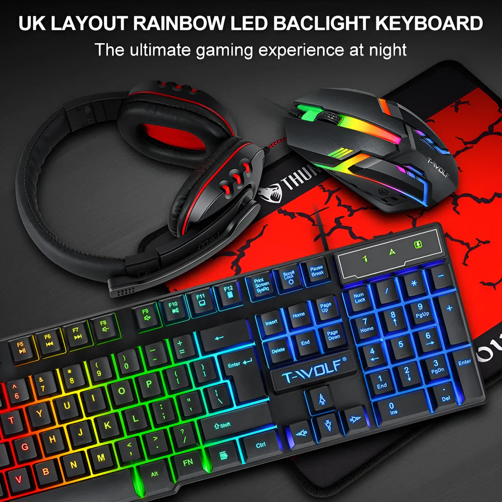 Thunder Wolf T800 wired gaming keyboard and mouse set with headset and mouse pad on desk