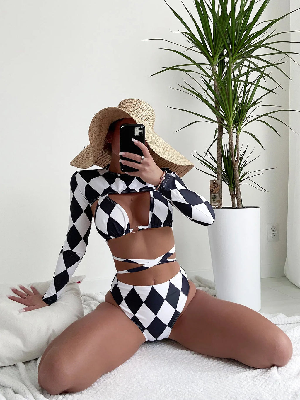 Women's long sleeve plaid pattern bikini swimsuit three-piece set