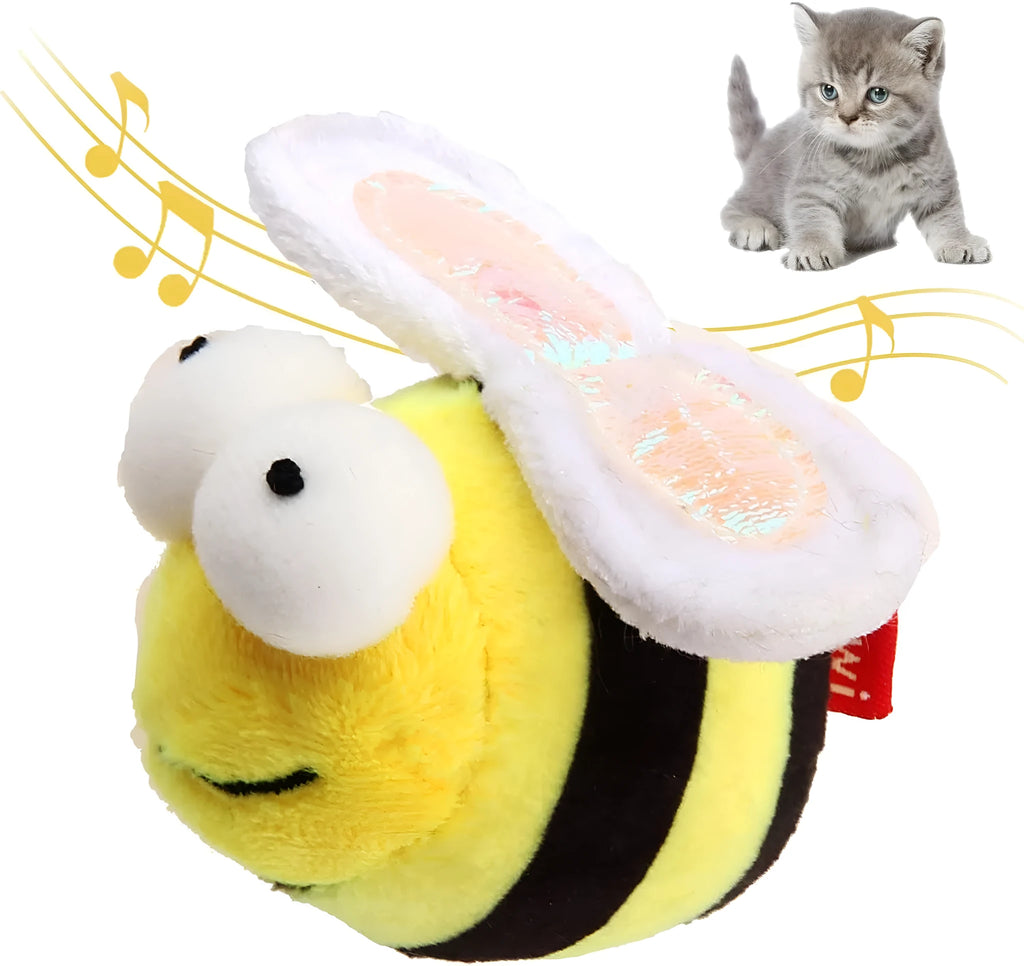 Yellow flannelette bee-shaped interactive cat toy with electronic squeaking mechanism