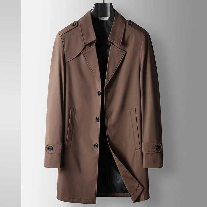 Mid-length lapel single breasted trench coat for men in khaki, chemical fibre blend, regular fit
