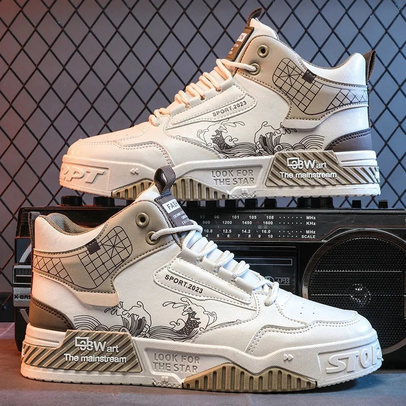 Men's beige board shoes with mesh lining and lace-up front closure on flat rubber sole