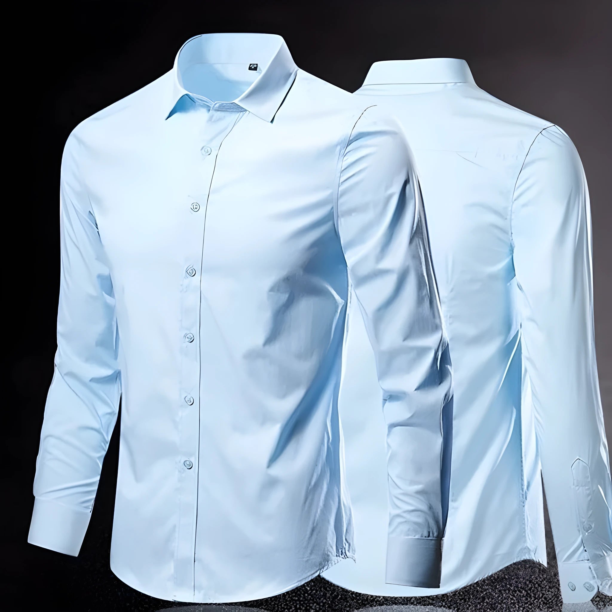 Men's loose long-sleeve linen shirt on a hanger, shown in a navy blue colour.