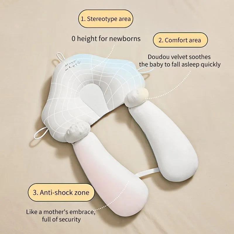 Blue and white U-shaped baby head shaping pillow made of pure cotton on a neutral background.