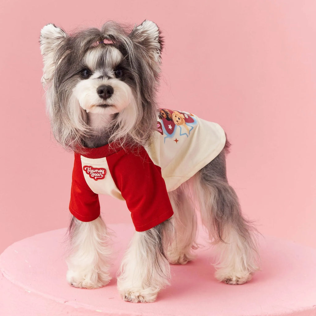 Red cotton dog summer clothes with contrast embroidery, shown on a mannequin.