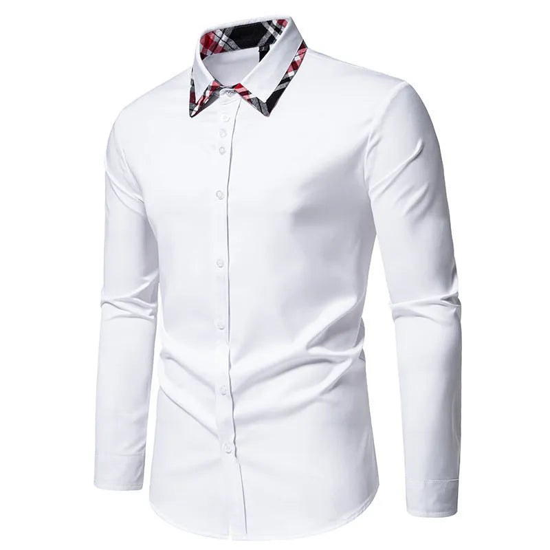 Men's plaid pattern long sleeve shirt with contrasting colour triangle collar in polyester blend fabric