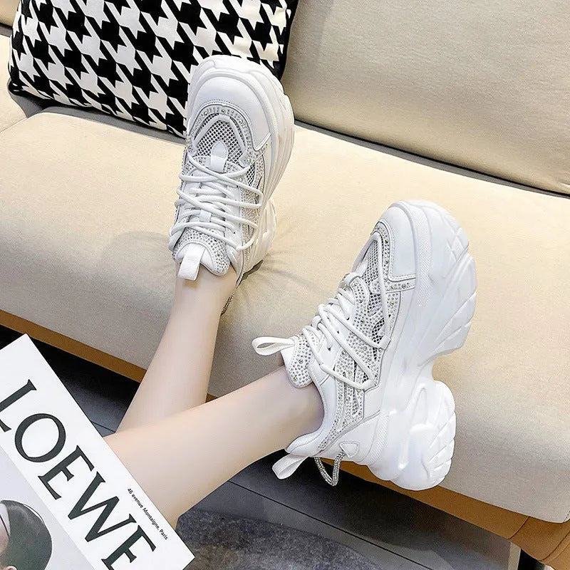 Women's mesh breathable platform sneakers in black, low-top lace-up design with mid heel