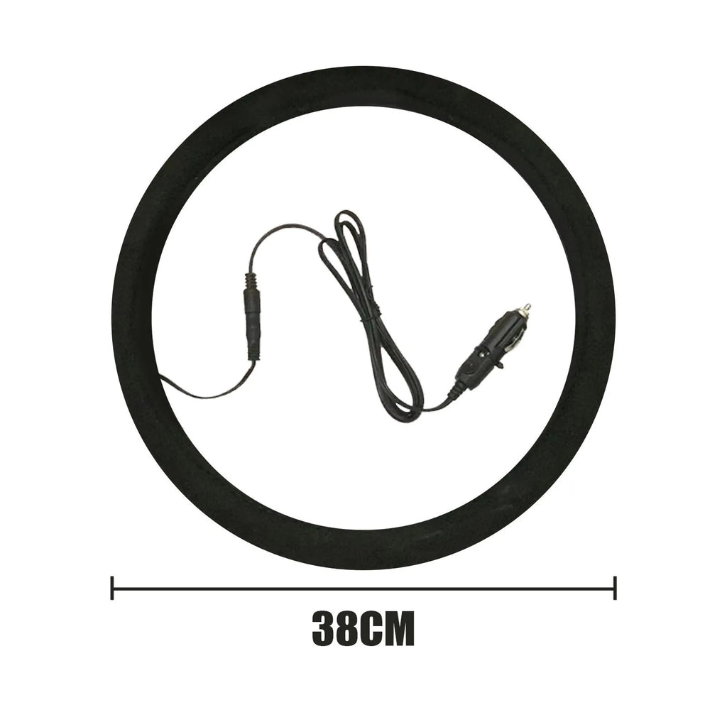Black suede automobile steering wheel heating sleeve with 38cm diameter and 12V cable
