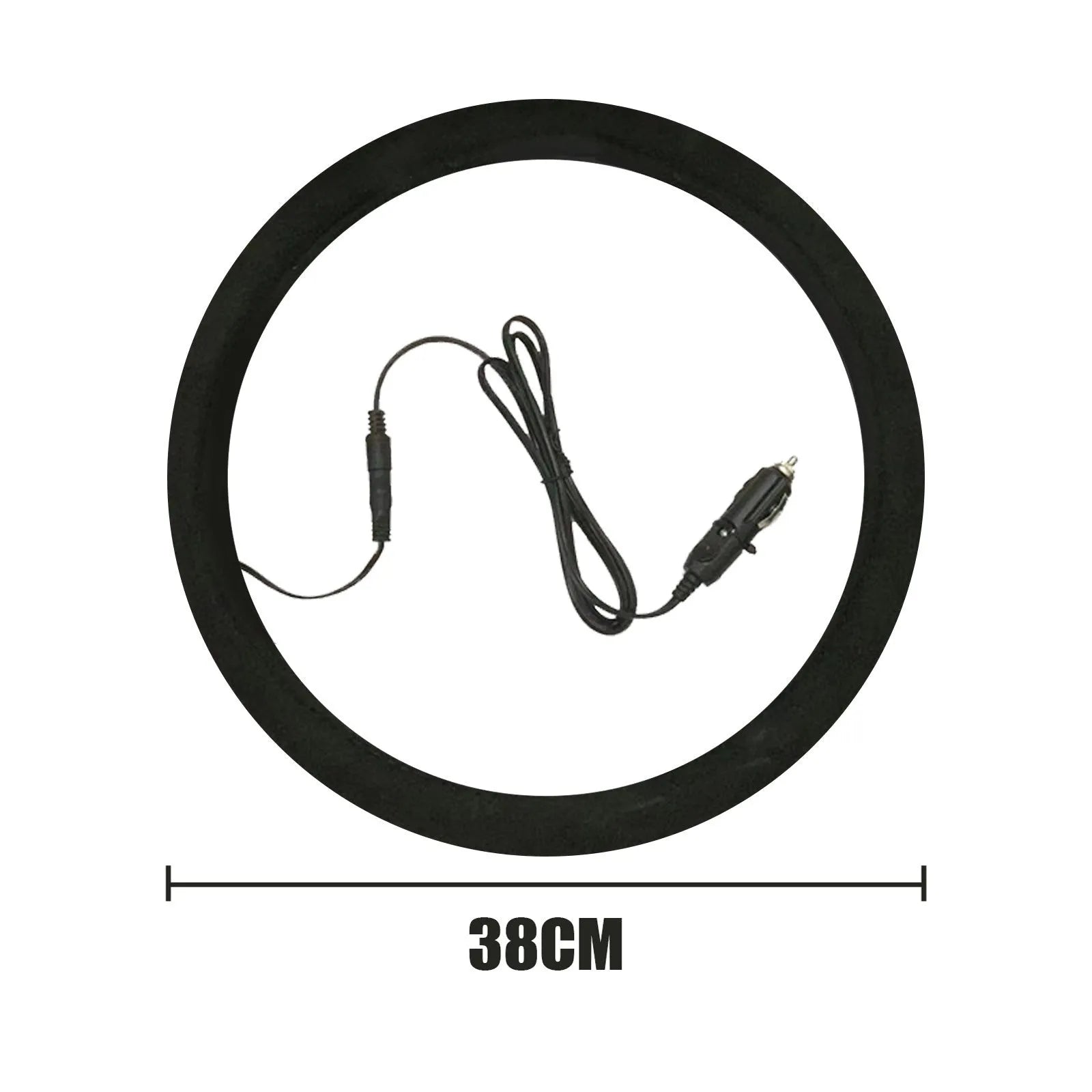 Black suede automobile steering wheel heating sleeve with 38cm diameter and 12V cable