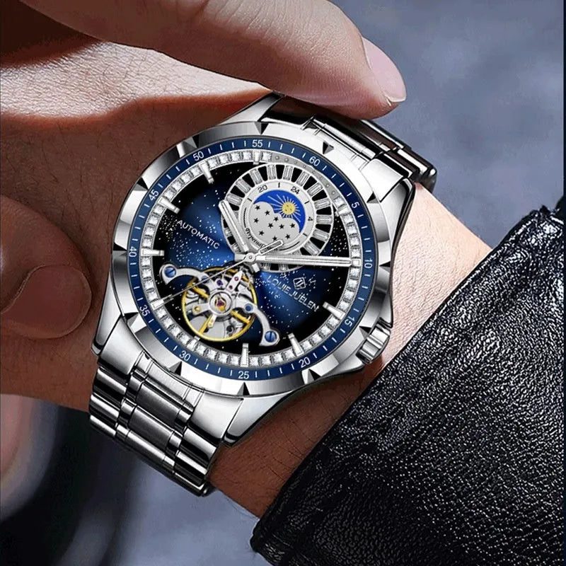 Silver case waterproof automatic mechanical watch with blue dial and stainless steel strap
