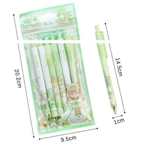 Pack of six plastic neutral pens with 0.5mm stainless steel nib in various colours including blue, green, pink, and matcha party style