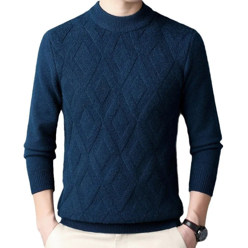 Men's plus size diamond jacquard pullover sweater in light camel colour for winter.