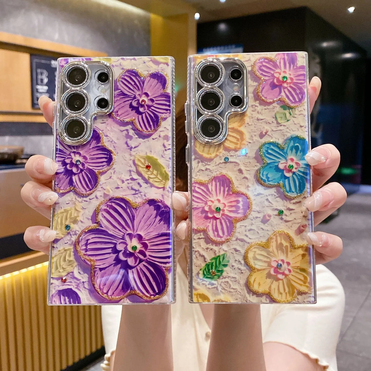 Rhinestone oil painting flower Samsung phone case, TPU acrylic anti-wear back cover with lens fine hole and electroplated finish