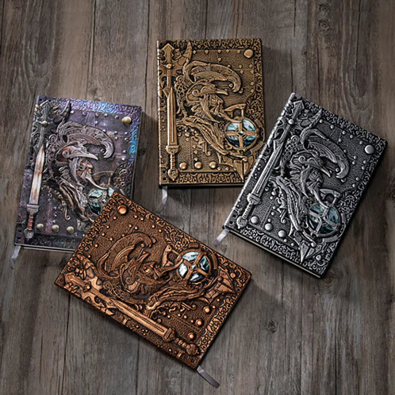 Handmade leather A5 notebook with embossed 3D warriors relief design on the cover.