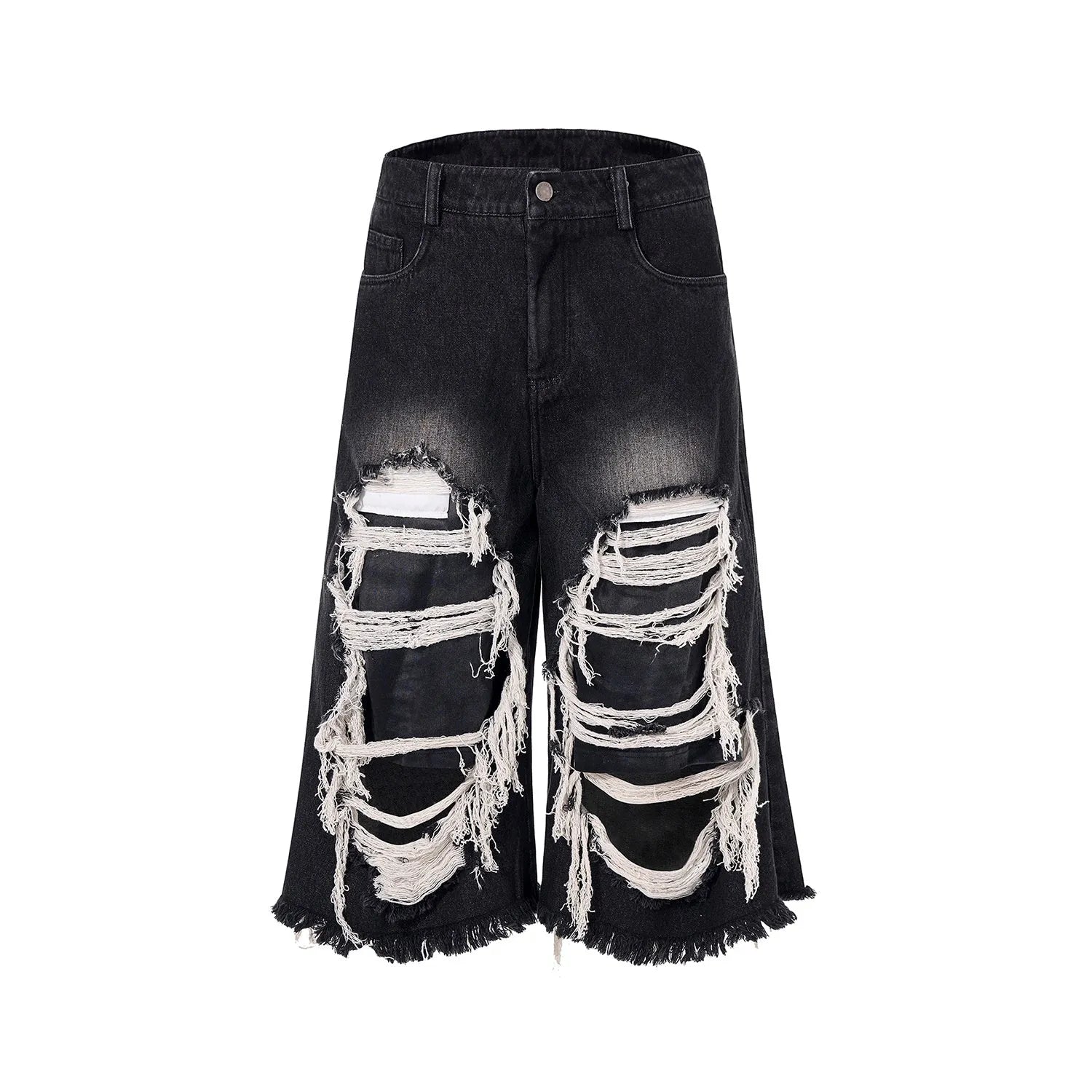 Black wide-leg cropped jeans with ripped patch details on a mid-high waist, loose fit.