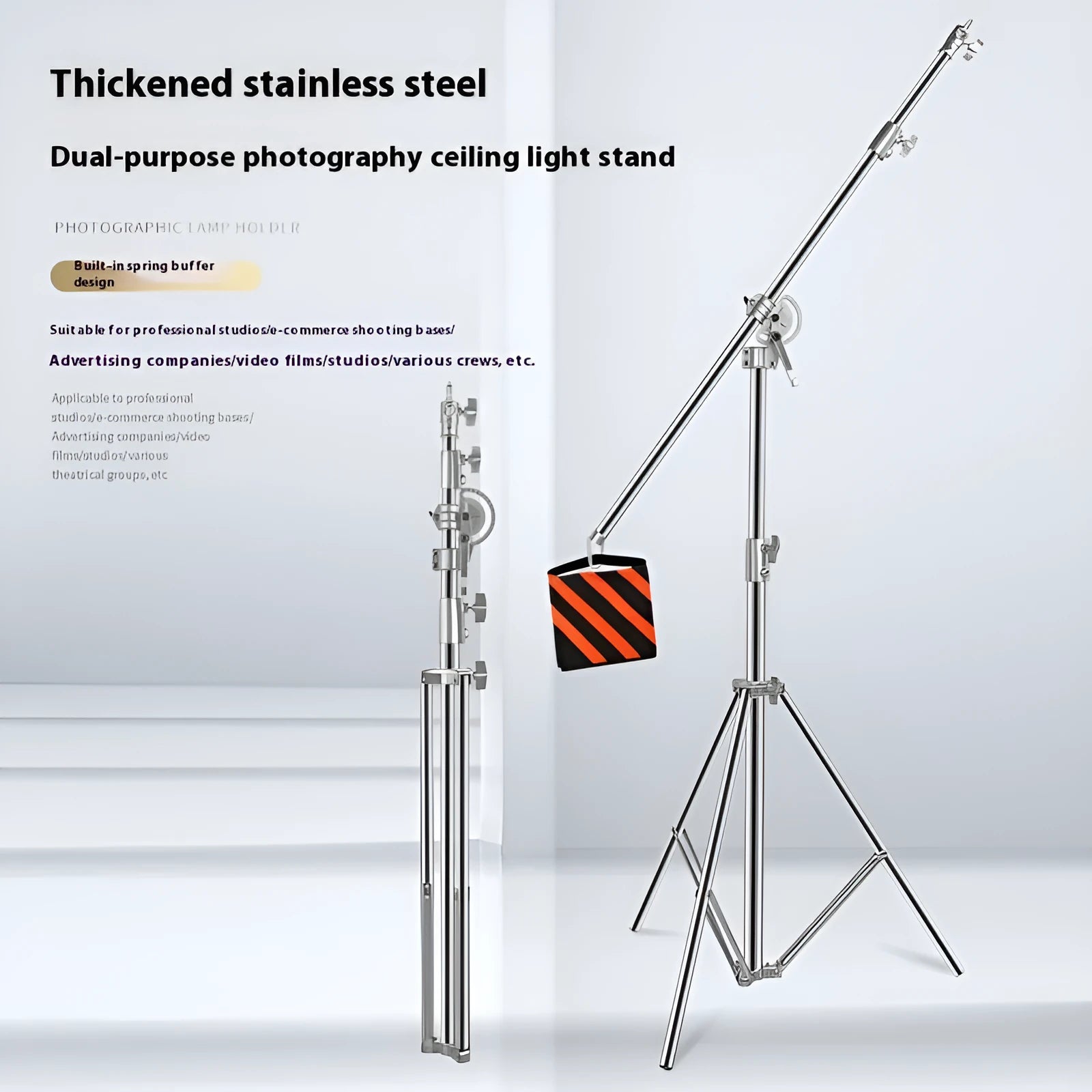 Stainless steel ceiling lamp rack extended to maximum 380cm height with cross arm for photography lighting