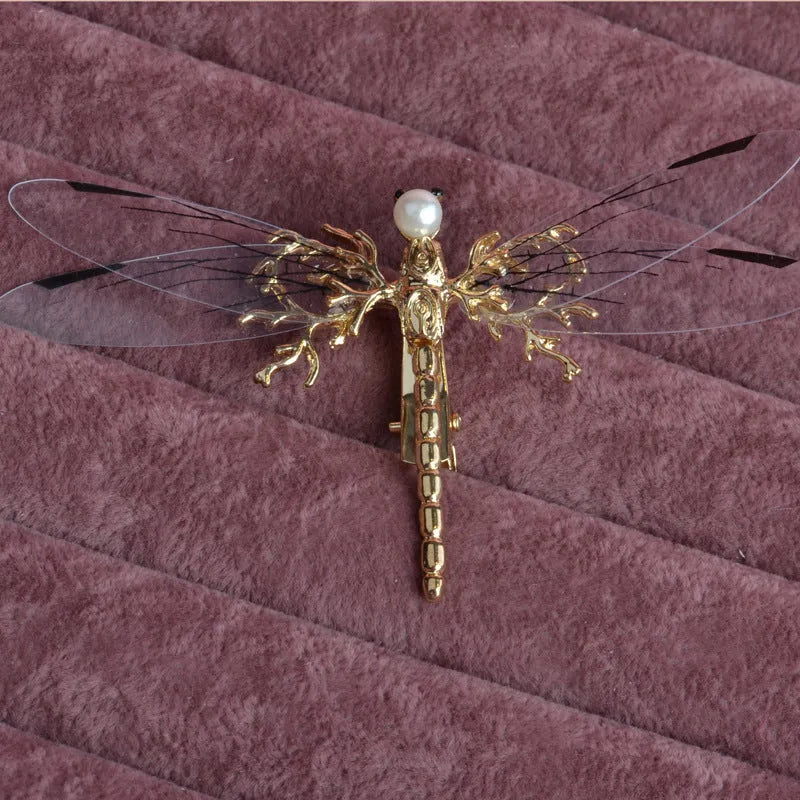 Golden dragonfly shaped side clip headdress for women with electroplated finish