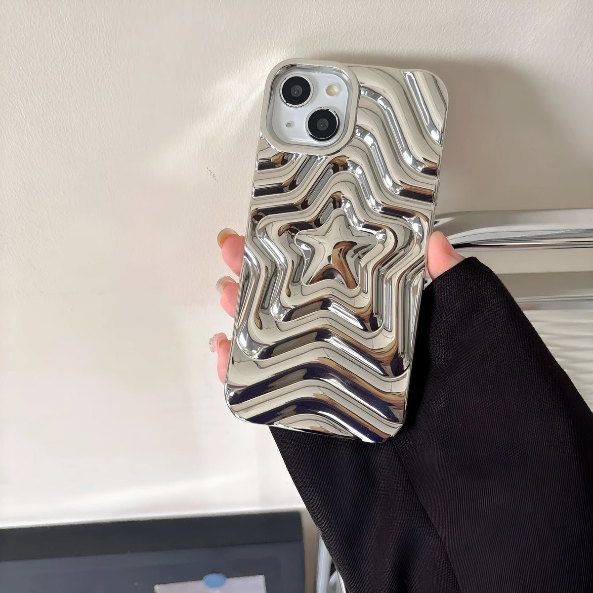 Silver electroplated iPhone case with three-dimensional star design and TPU soft shell