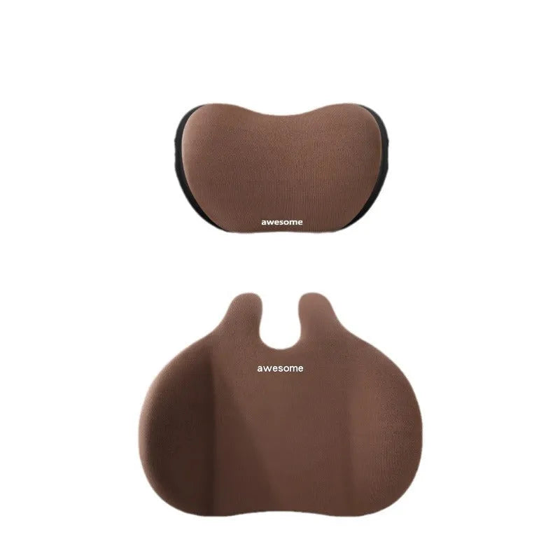 Cow head automotive pillow set showing headrest and lumbar pillows in coordinating colours