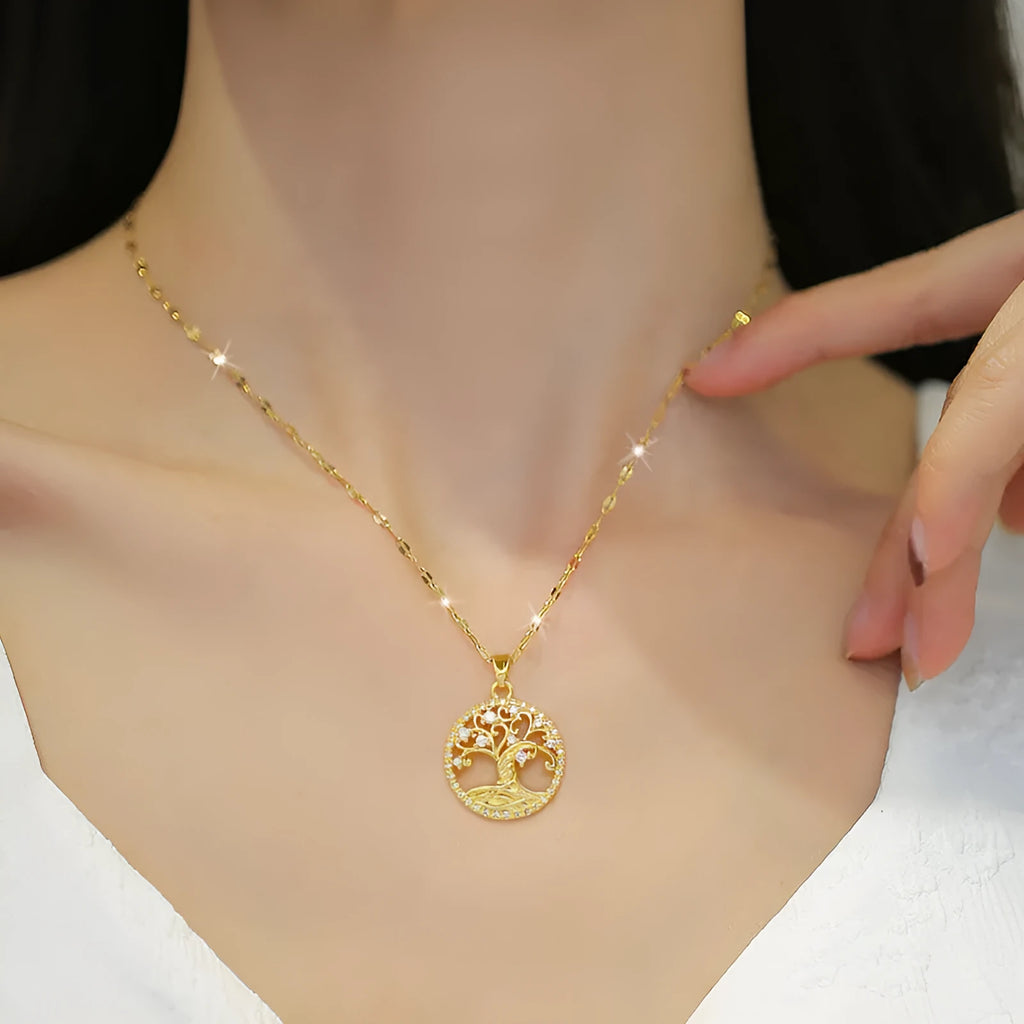Gold-coloured adjustable necklace with a mother of pearl and rhinestone cross pendant on a lip chain.