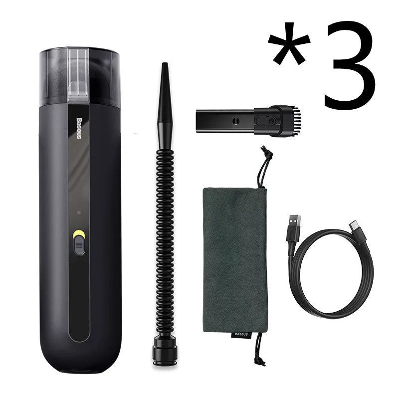Wireless handheld car vacuum cleaner with blowing hose and HEPA filter.