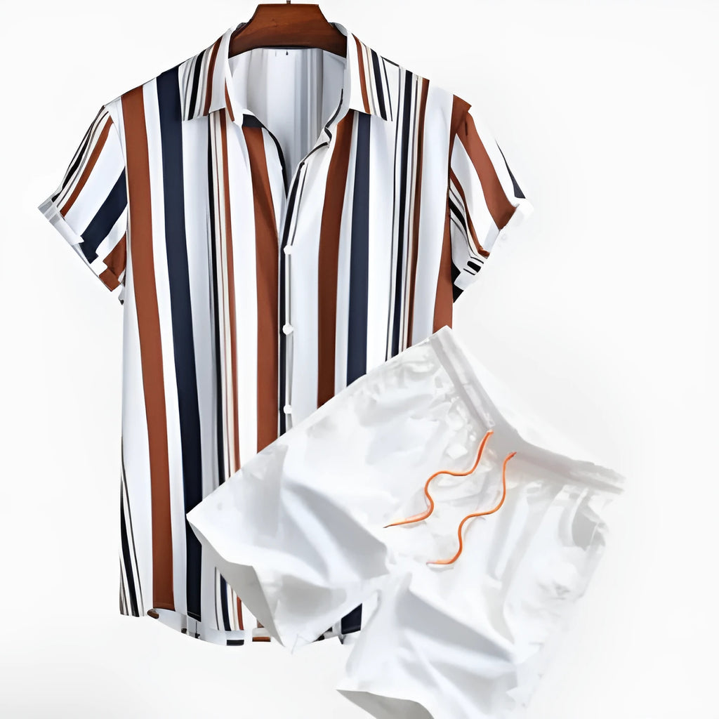 Man wearing a digitally printed short sleeve cardigan and matching shorts from a casual suit set.
