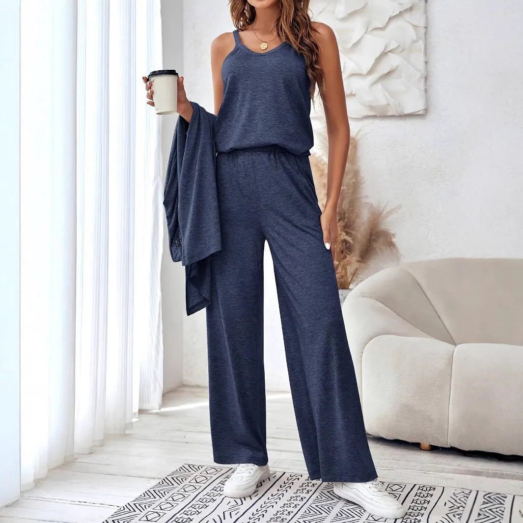 Women's blue polyester casual suit set with trousers and matching long sleeve top